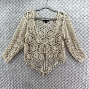 Y2K VTG Fever Cardigan L Beige Crochet V-Neck Tie Front Coquette Boho Festival